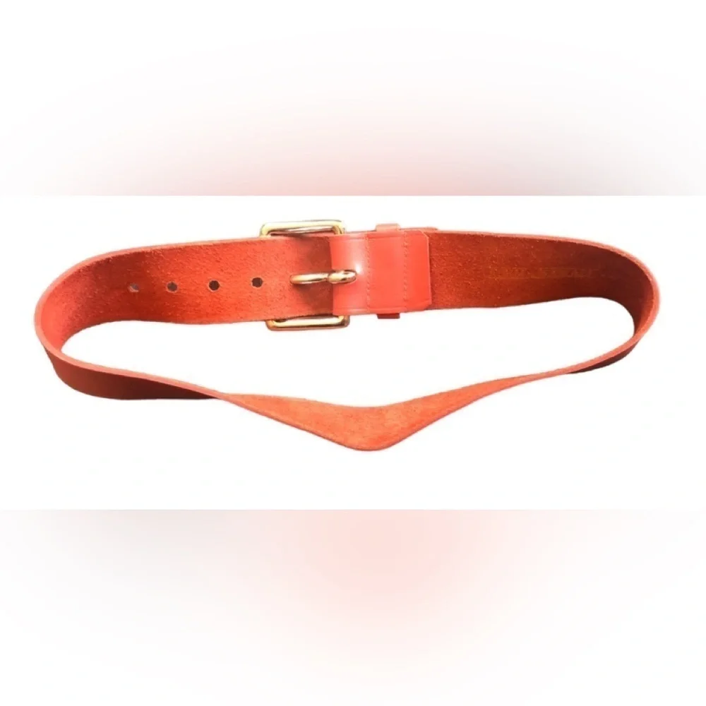 Norma Kamali Leather Belt Sz. S Terra Cotta 2”W Square Buckle Classic Designer